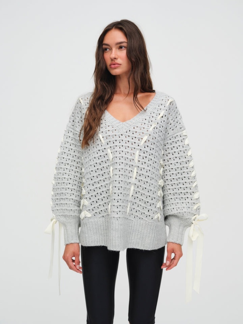 For Love & Lemons Liberty V Neck Sweater | Ribbon Knit | S | NWT | Gray